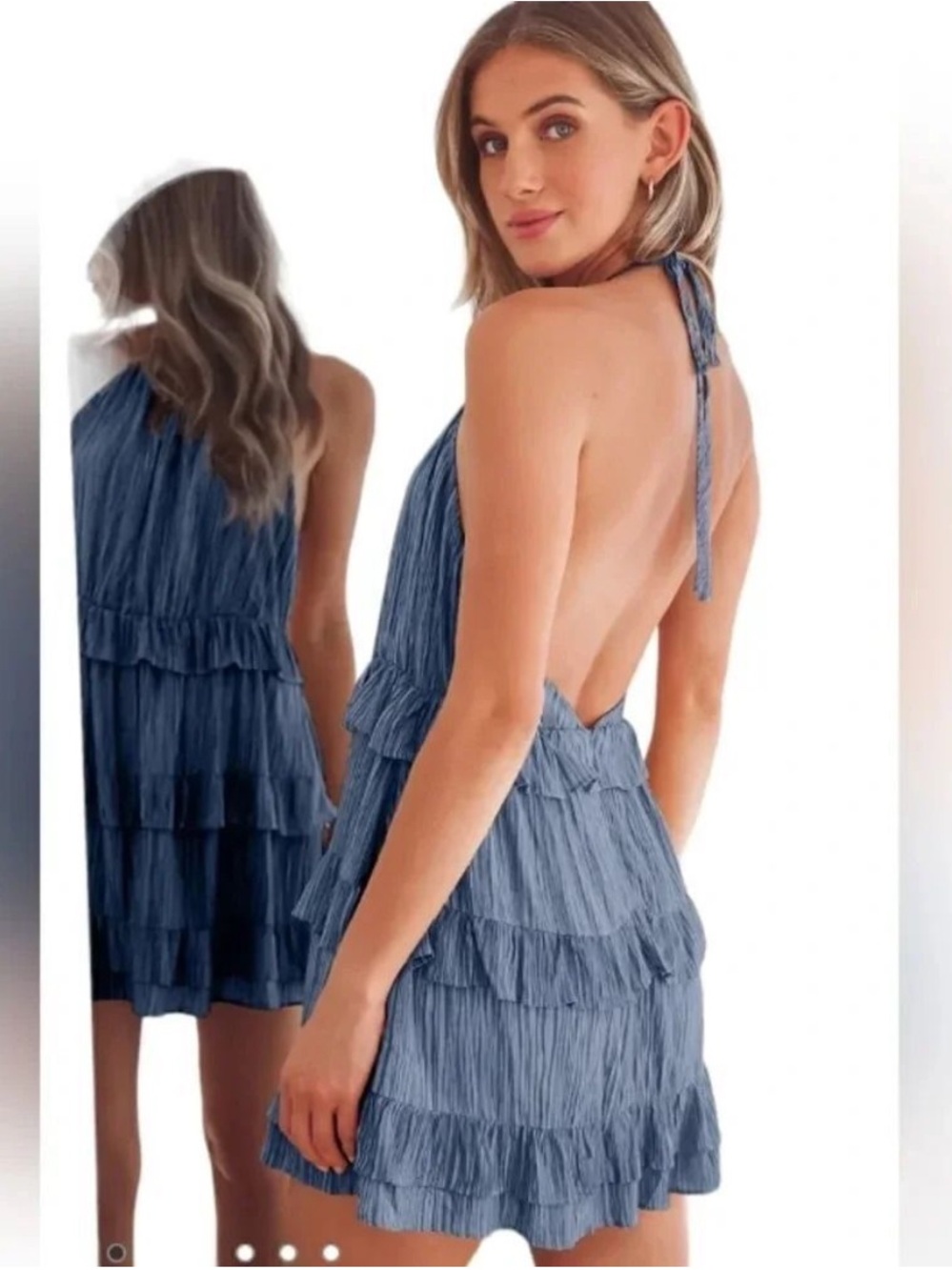 Halter Tiered Mini Dress in Dusty Blue